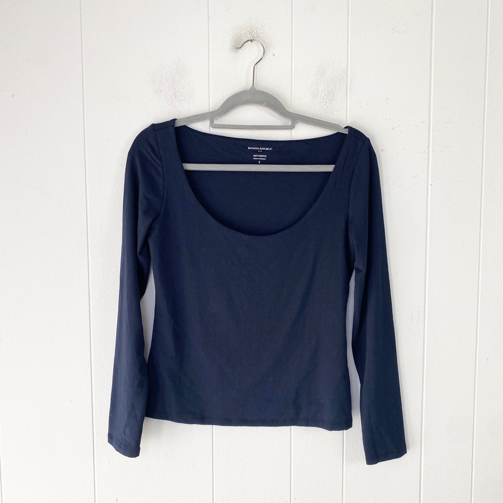 Banana Republic Soft Stretch Long Sleeve Scoop Neck Top Navy Blue Size Small